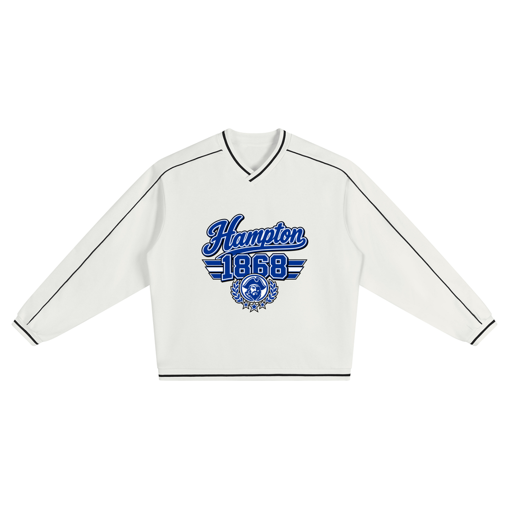 Hampton University Color-Block V-Neck Sweatshirt in white and navy – primary product view