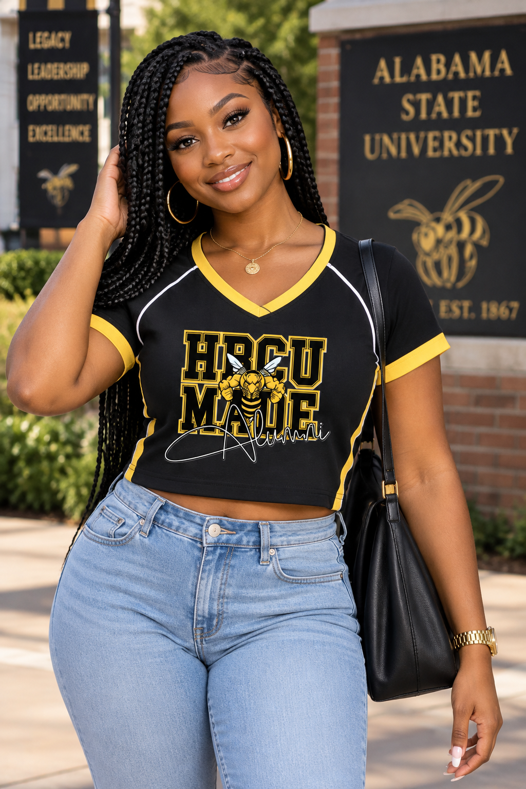 Alabama State Alumni Contrast Trim V-Neck Crop T-Shirt