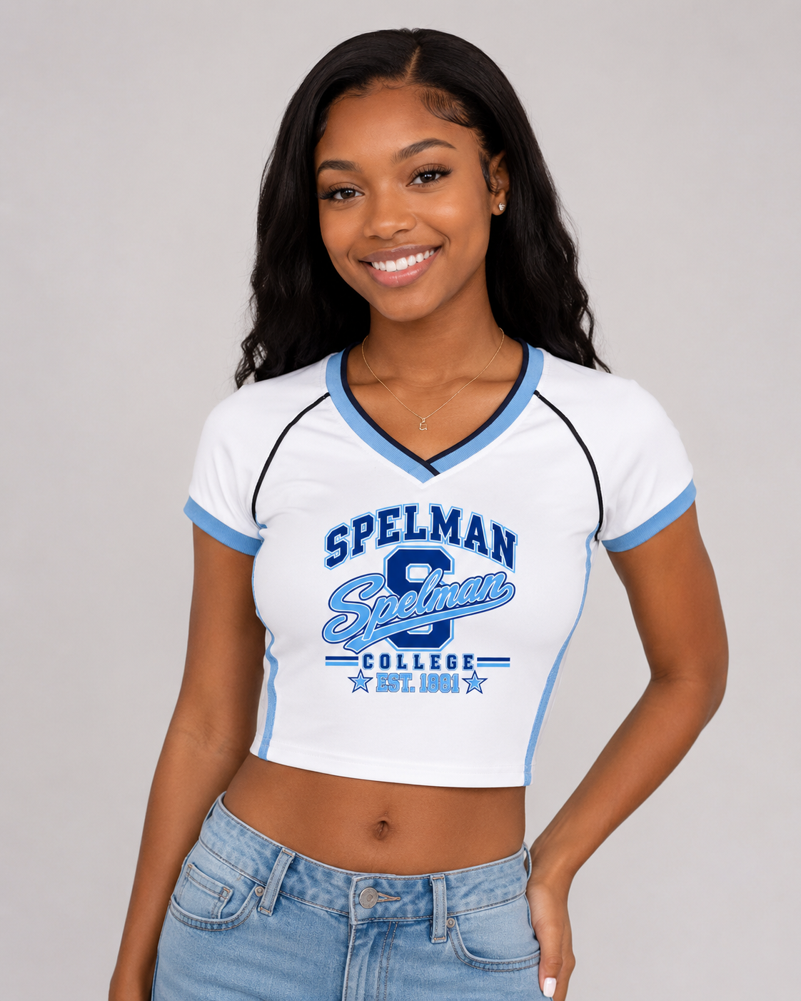 Spelman Contrast Trim V-Neck Crop T-Shirt