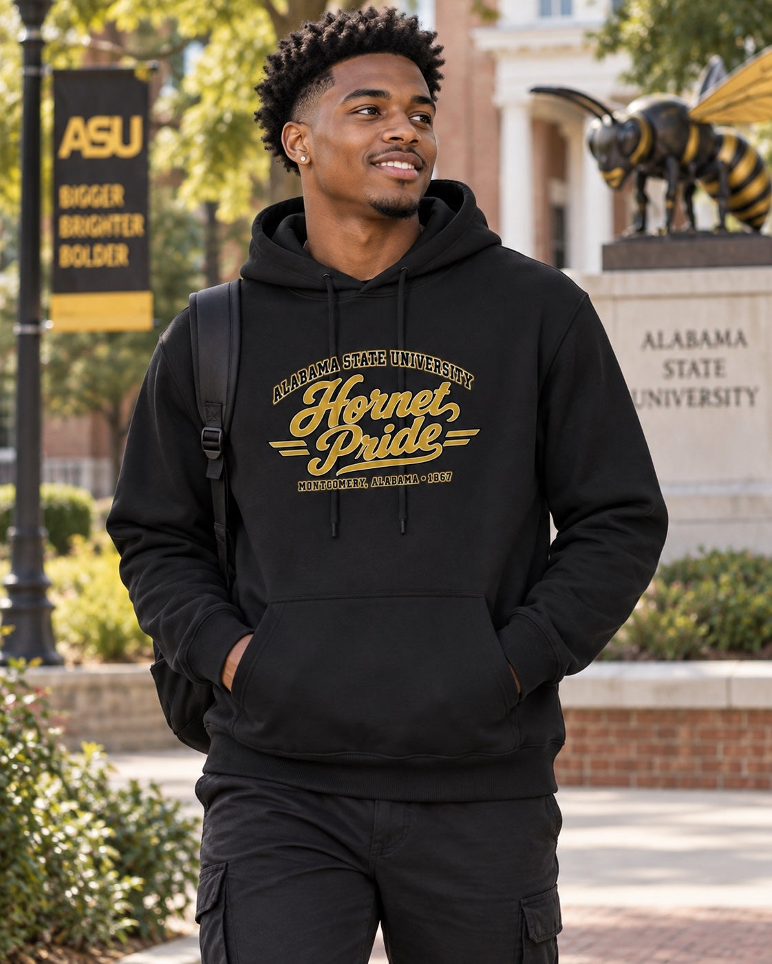 Alabama State University Hornet Pride hoodie lifestyle mockup with Black male college student