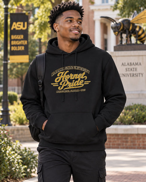 Alabama State University Hornet Pride hoodie lifestyle mockup with Black male college student