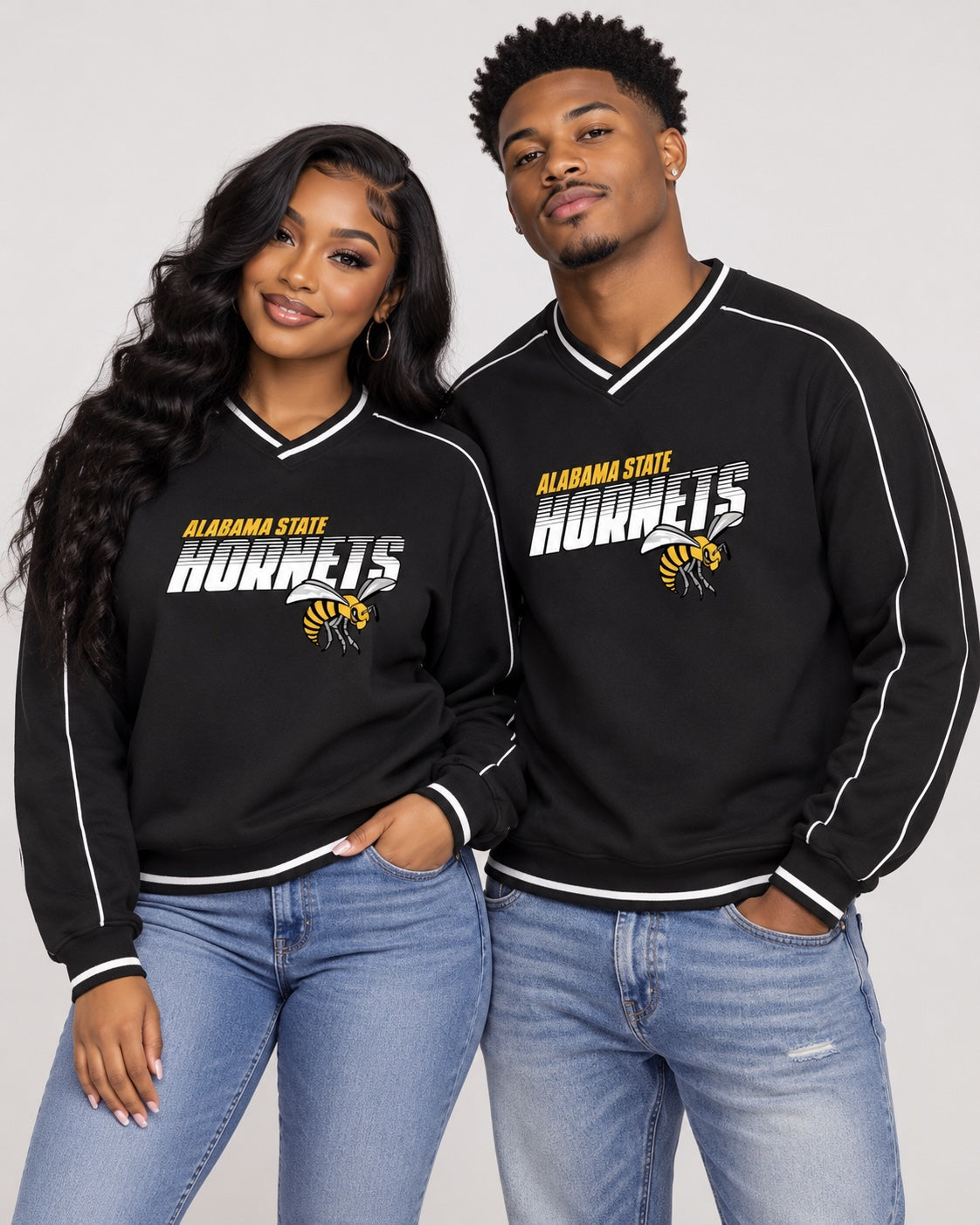 Alabama State Hornets black V-neck sweatshirt couple lifestyle lead image