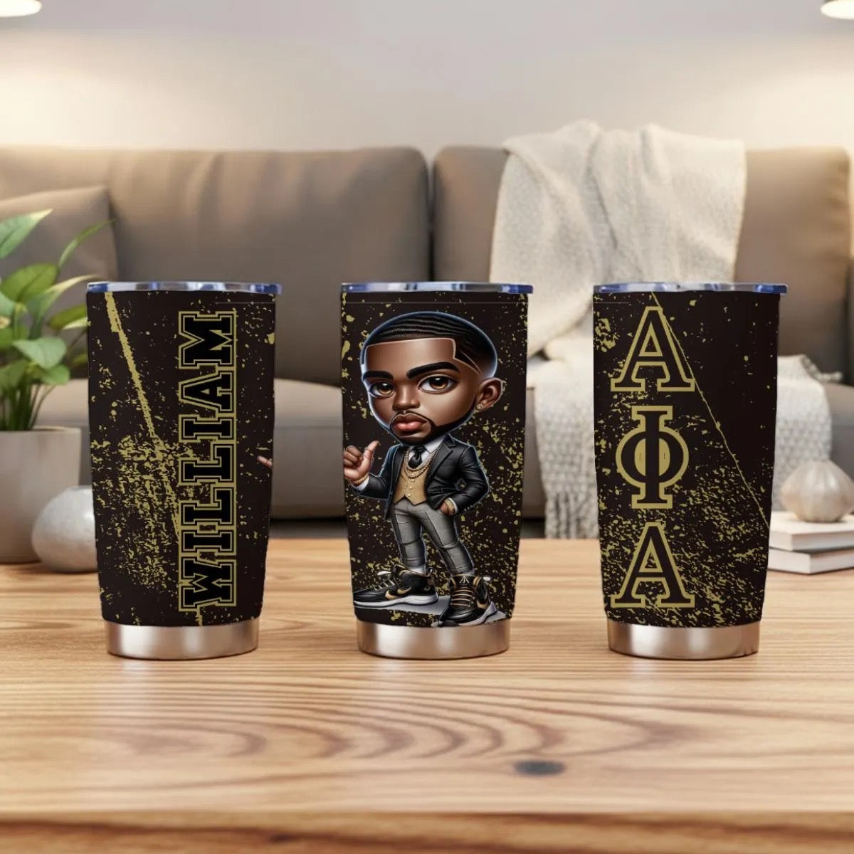 Alpha Phi Alpha personalized 20oz tumbler three-view mockup