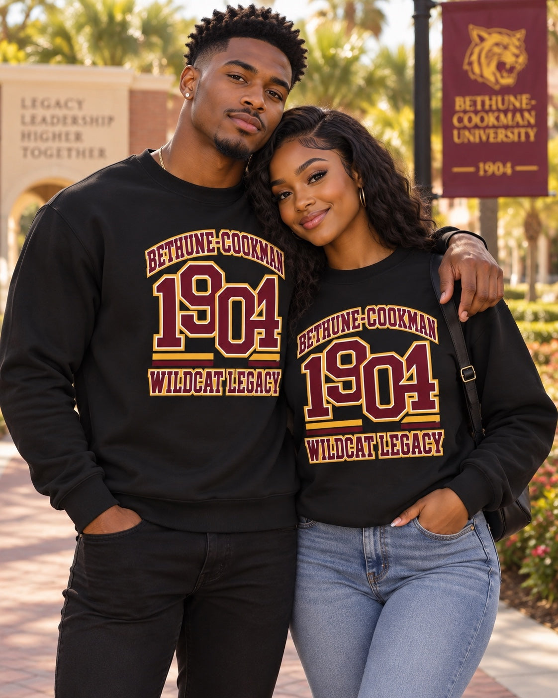Bethune-Cookman University couple wearing 1904 Wildcat Legacy crewneck sweatshirts