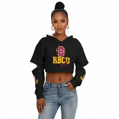 Model wearing Bethune-Cookman HBCU Made black hollow-out cropped hoodie