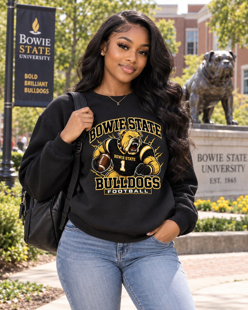 Bowie State Bulldogs football crewneck on Black female college student