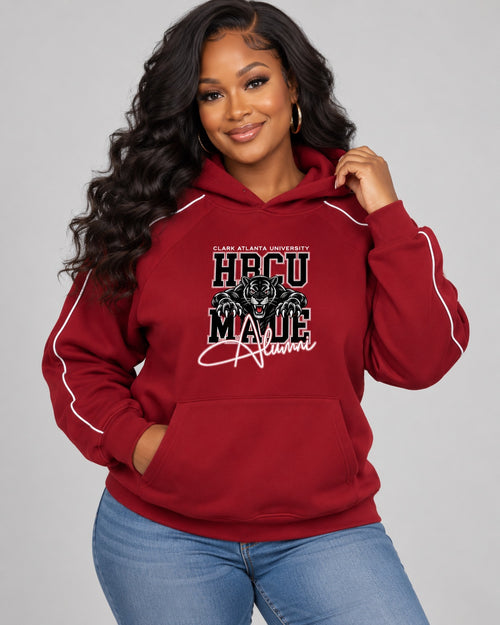 Clark Atlanta University HBCU Made Alumni hoodie lifestyle mockup with Black woman