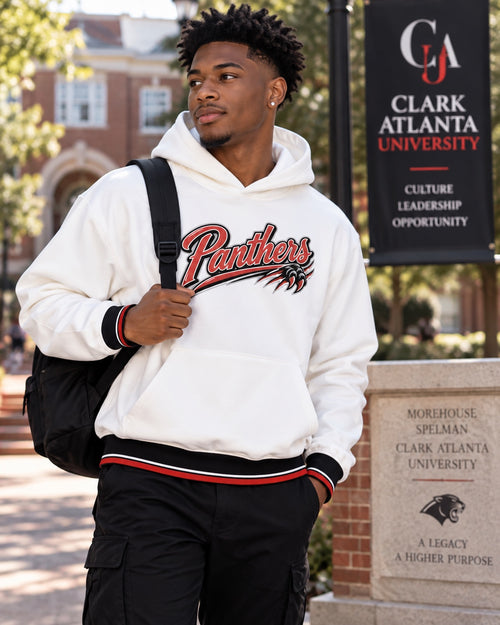 Clark Atlanta Panthers white hoodie on Black male college student