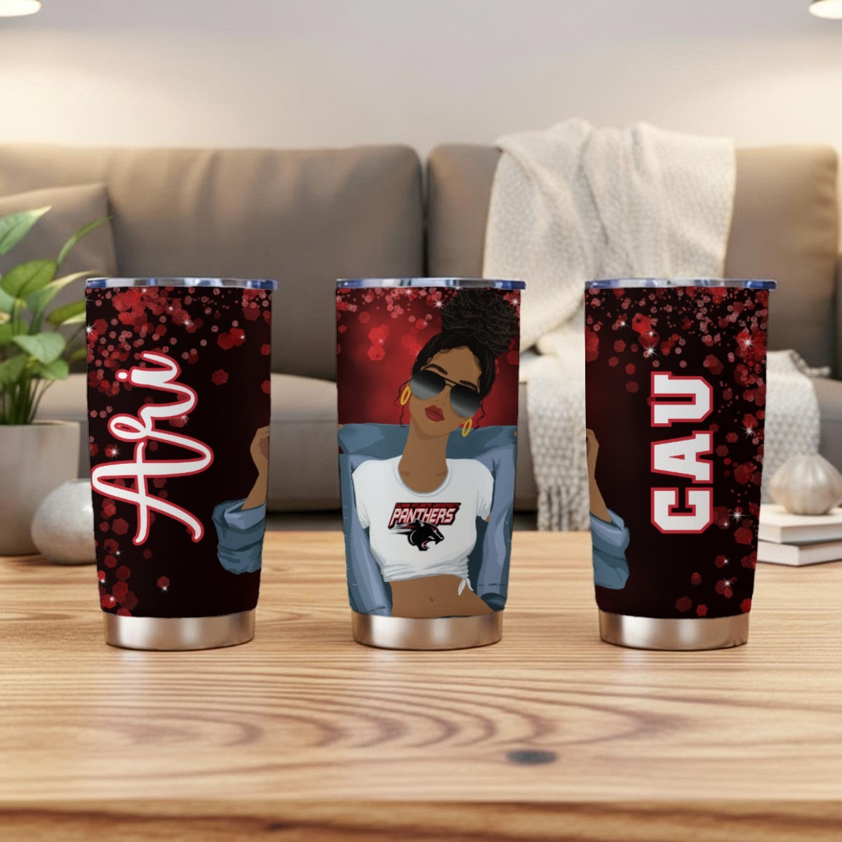 Clark Atlanta personalized 20oz tumbler shown from three angles