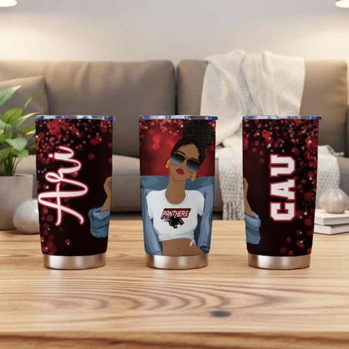 Clark Atlanta personalized 20oz tumbler shown from three angles