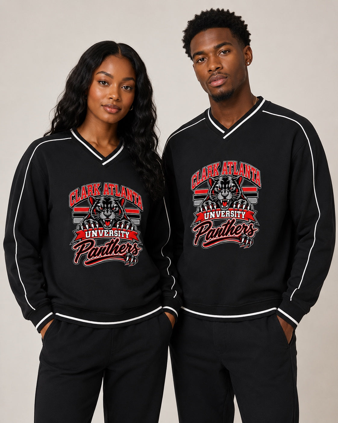 Two models wearing Clark Atlanta University Panthers V-neck sweatshirts