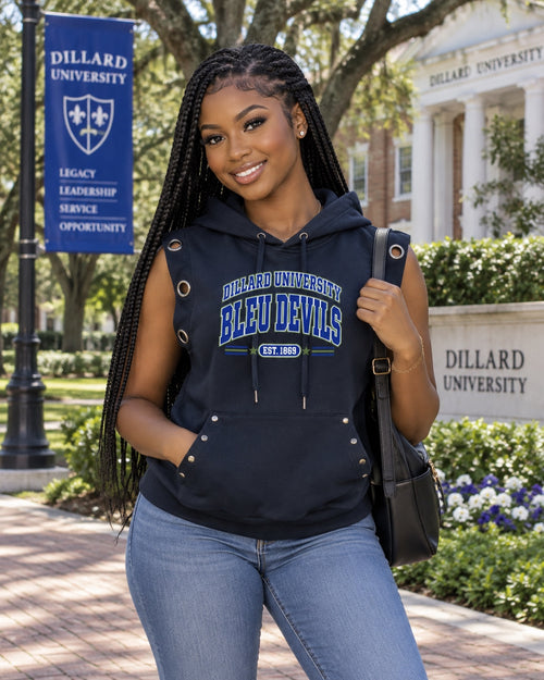 Dillard University Bleu Devils sleeveless hoodie lifestyle mockup