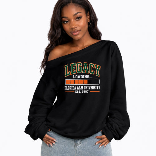 Florida A&M University Legacy Loading off-shoulder sweatshirt on Black woman