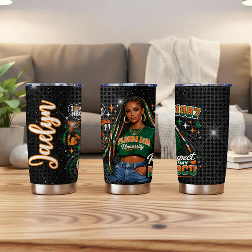 FAMU personalized 20oz tumbler shown from three angles