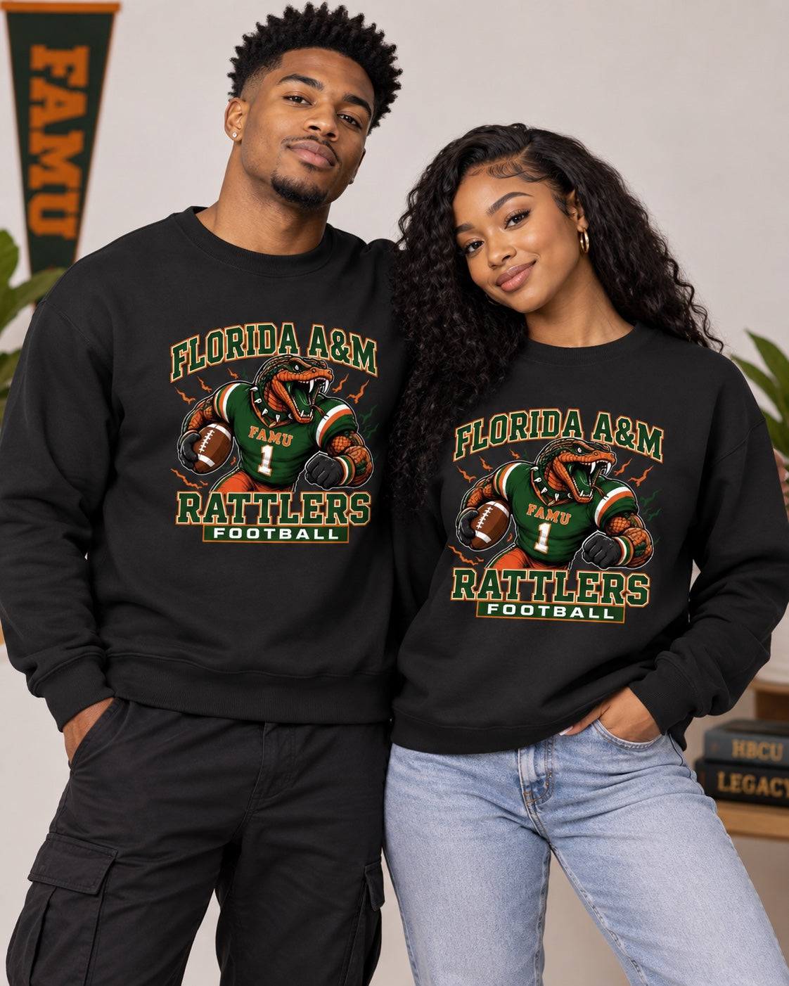 Florida A&M Rattlers football crewneck sweatshirt lifestyle mockup with Black college couple