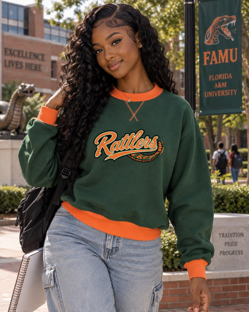 Florida A&M University Rattlers green and orange crewneck lifestyle mockup