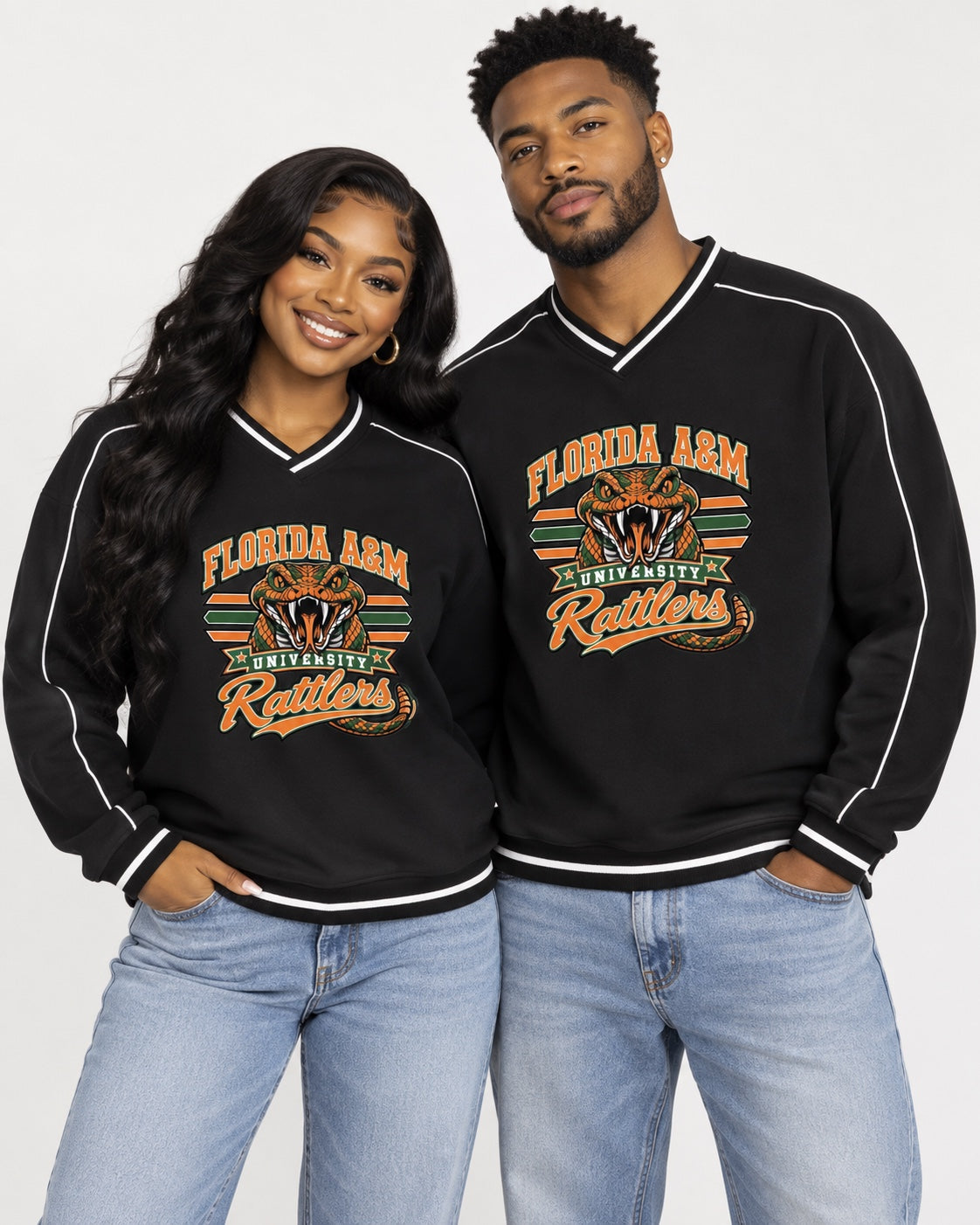 Florida A&M Rattlers black V-neck sweatshirt couple lifestyle lead image