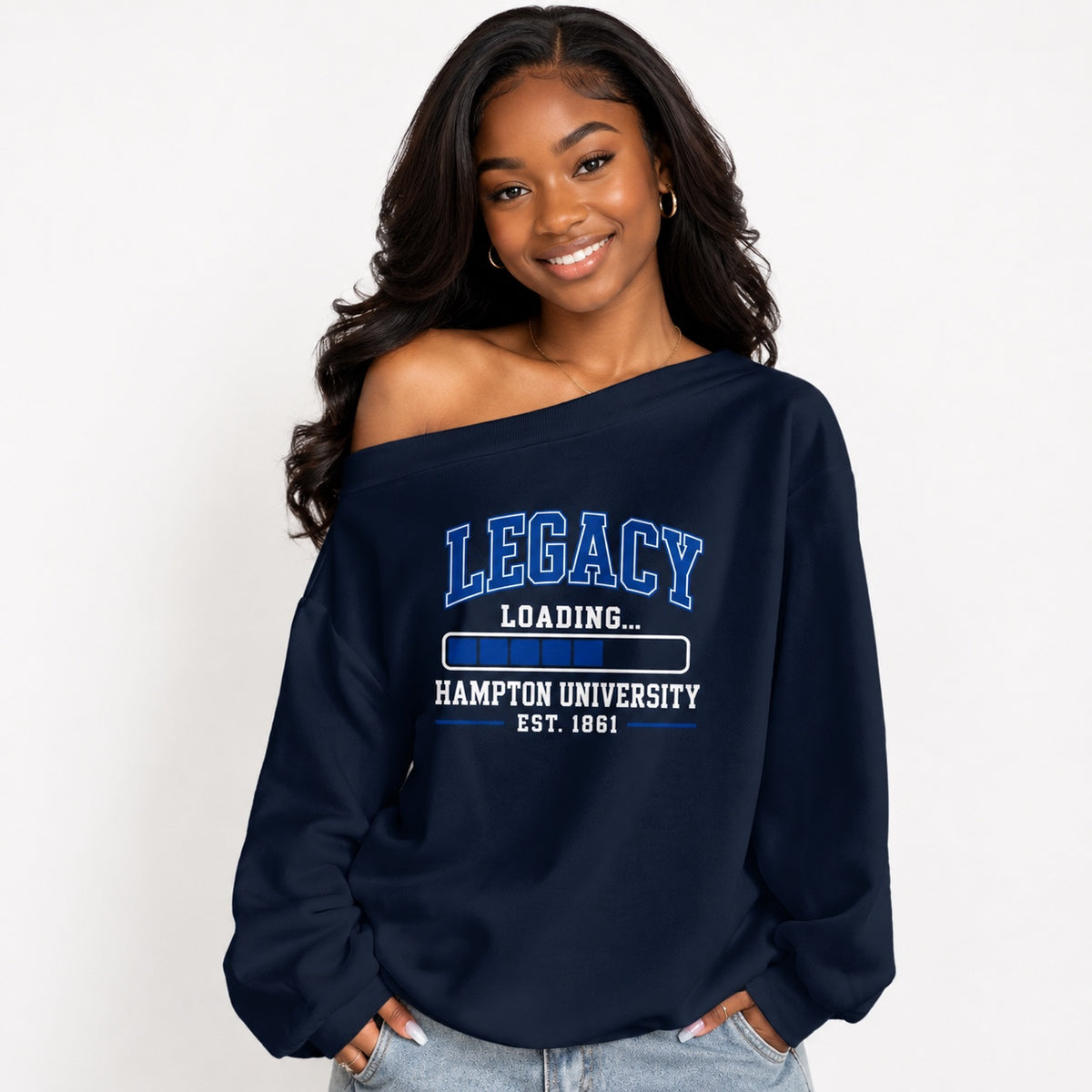 Hampton University Legacy Loading off-shoulder sweatshirt on Black woman