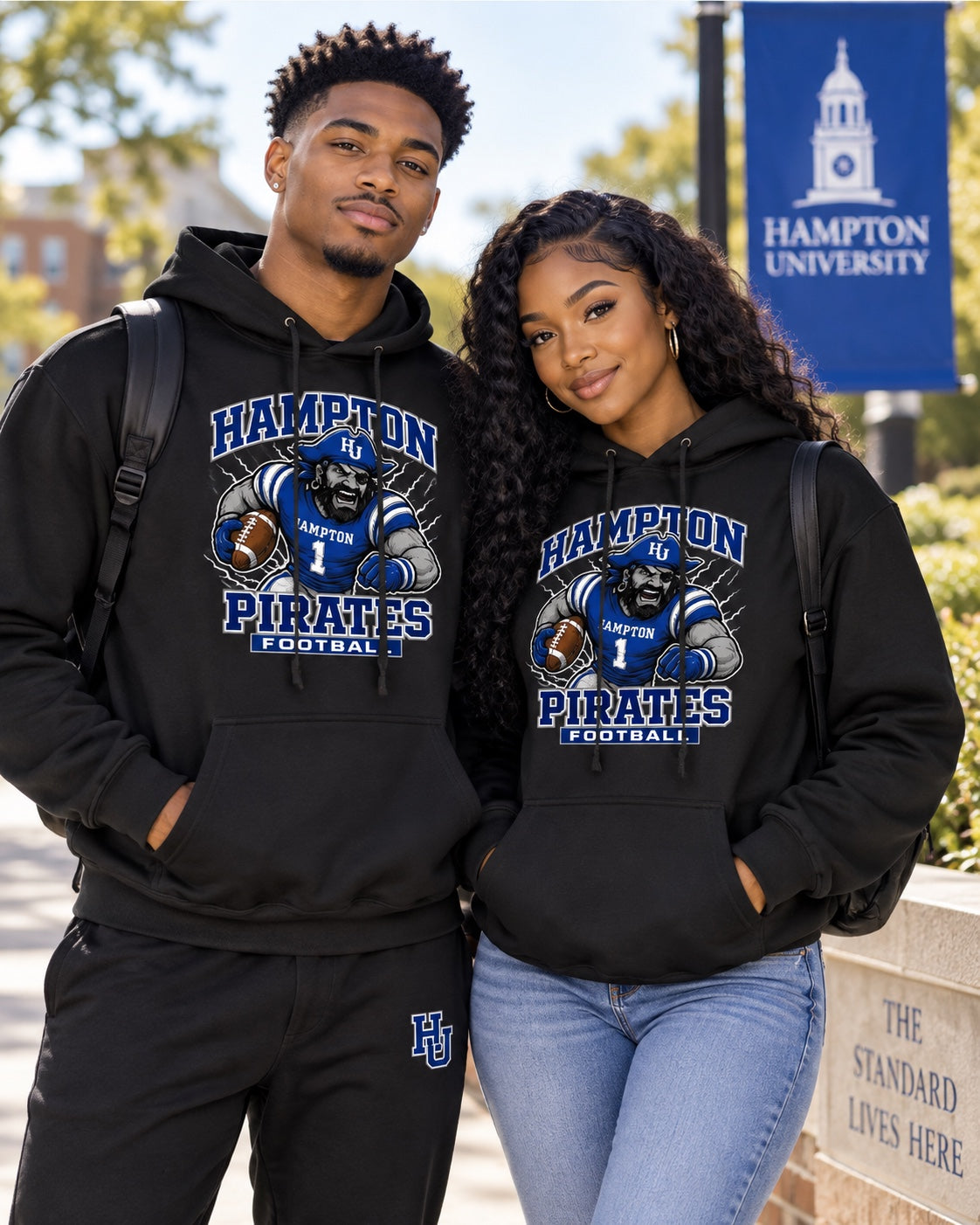 Hampton University Pirates football hoodie lifestyle mockup with Black college couple