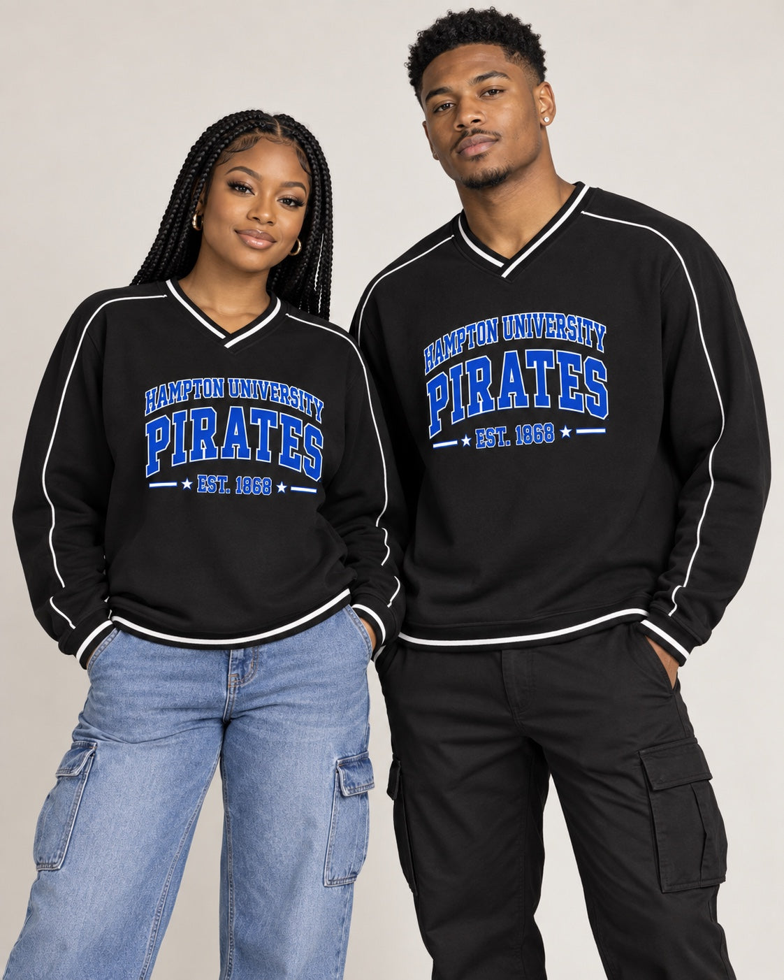 Hampton University Pirates black color-block V-neck sweatshirt worn by a Black couple