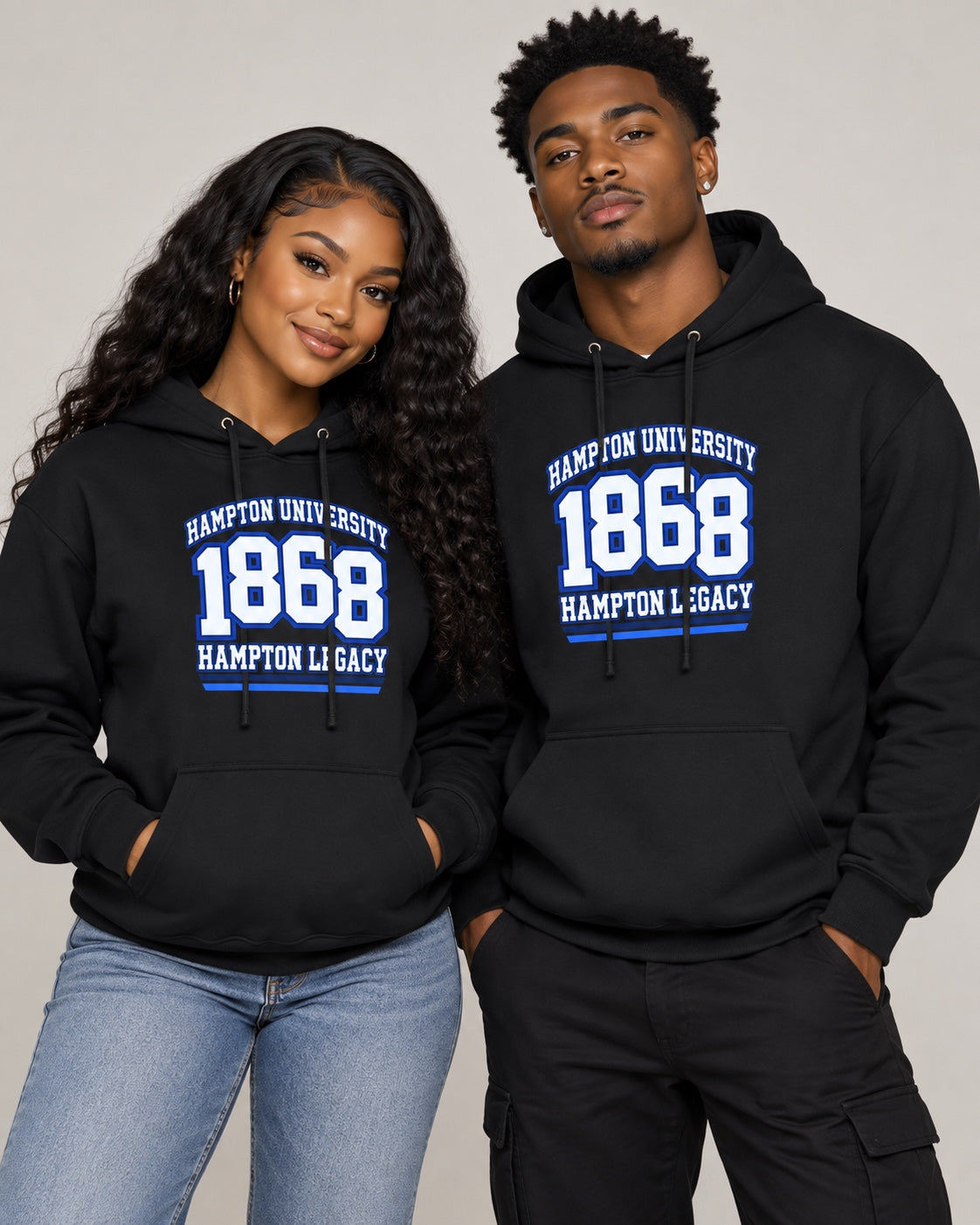 Hampton University couple wearing black 1868 Hampton Legacy hoodies