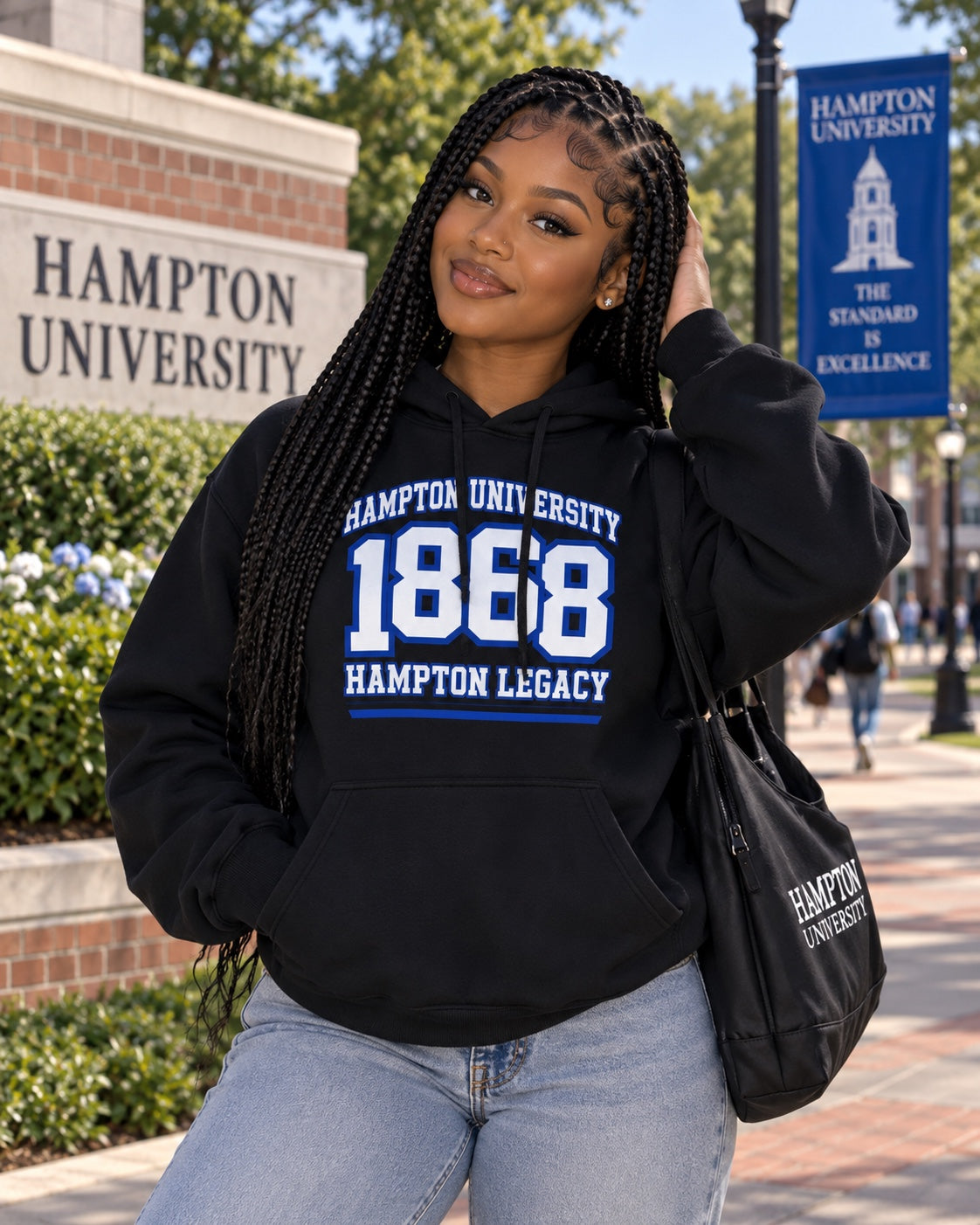 Hampton University 1868 hoodie lifestyle mockup with Black woman on campus