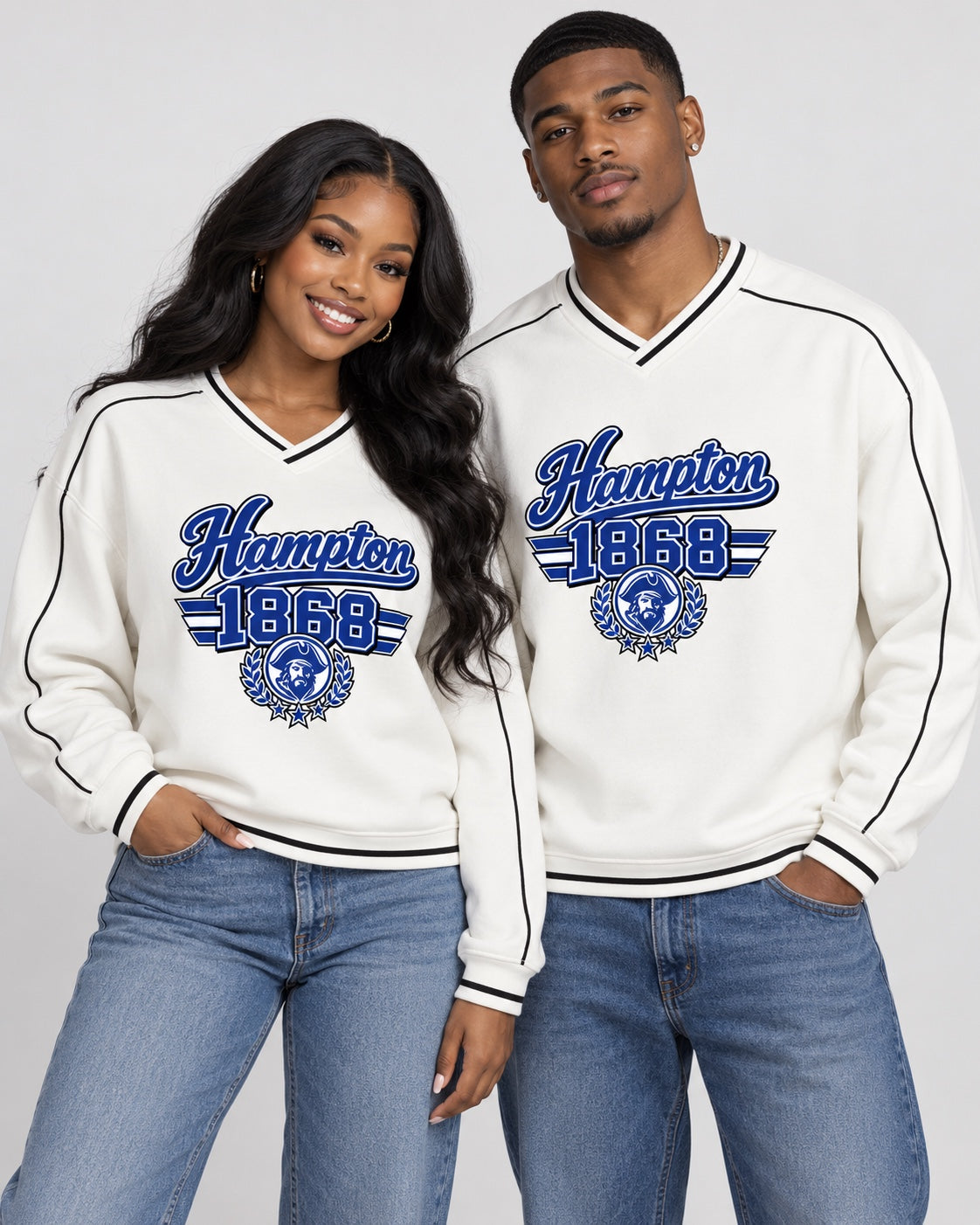 Hampton University 1868 Color-Block V-Neck Sweatshirt couple lifestyle mockup