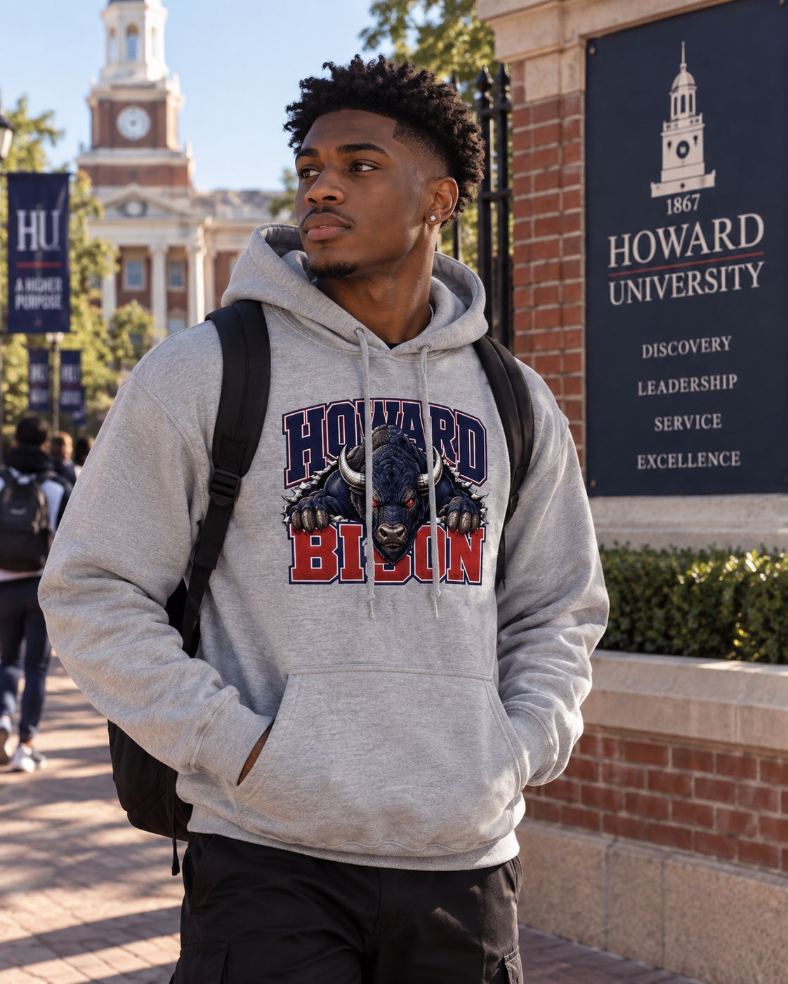 Howard University Bison gray hoodie on Black male college student