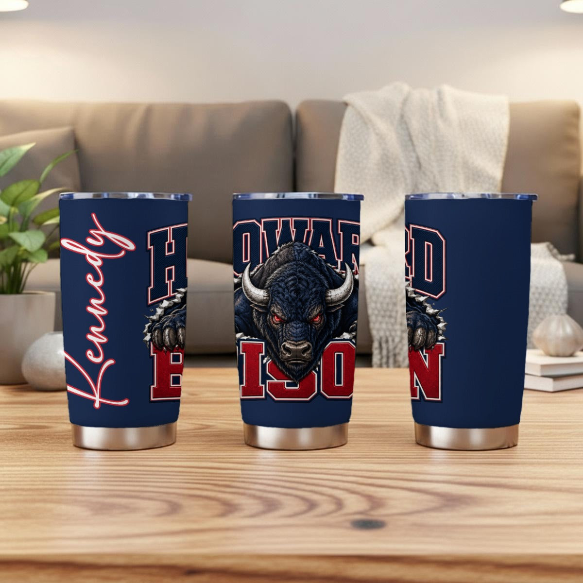 Howard Bison personalized 20oz tumbler shown from three angles