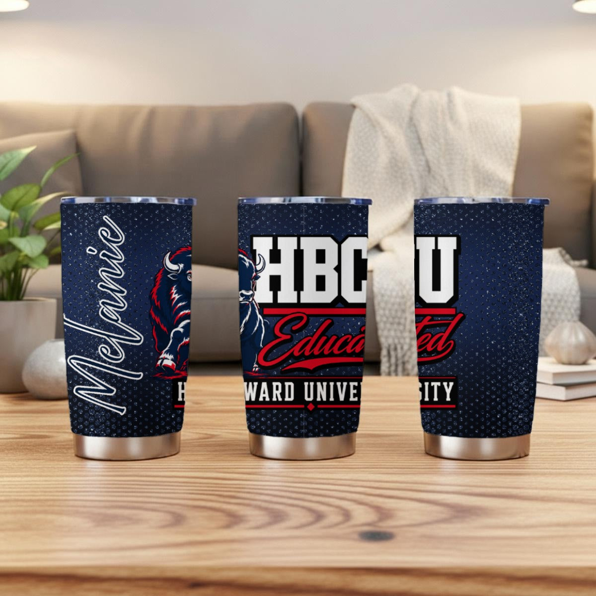 Howard HBCU Educated personalized 20oz tumbler shown from three angles