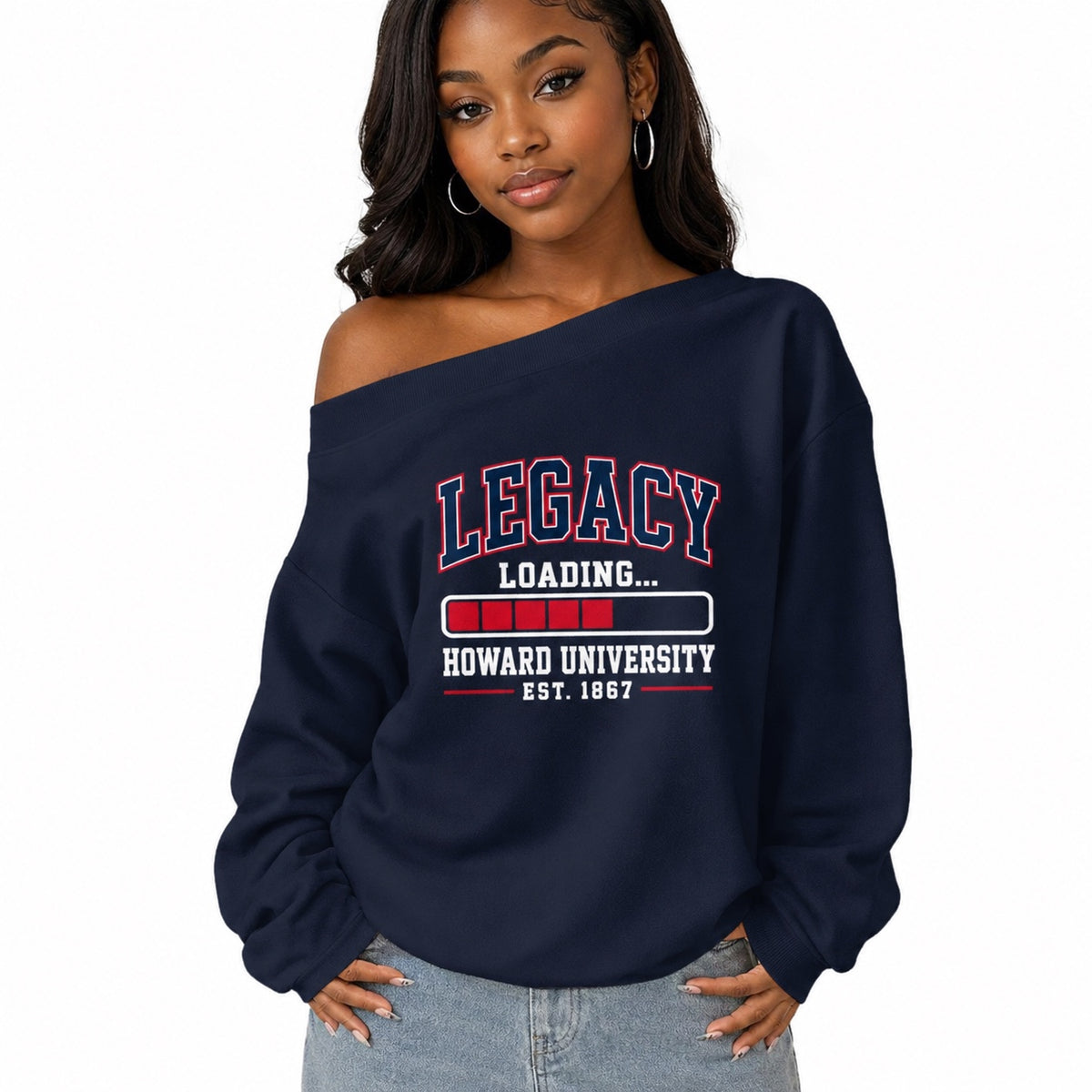 Howard University Legacy Loading off-shoulder sweatshirt on Black woman