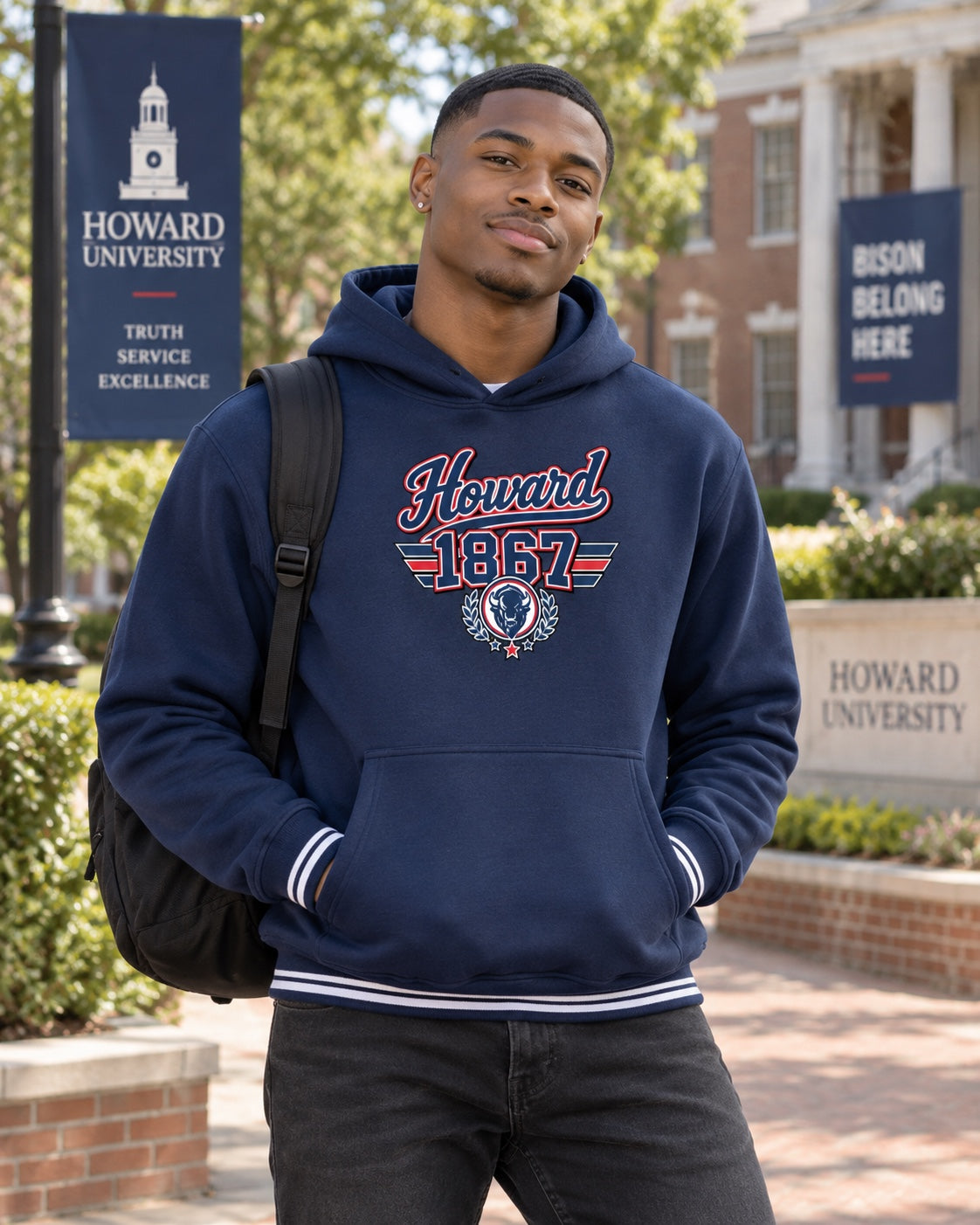Howard University 1867 navy hoodie lifestyle mockup