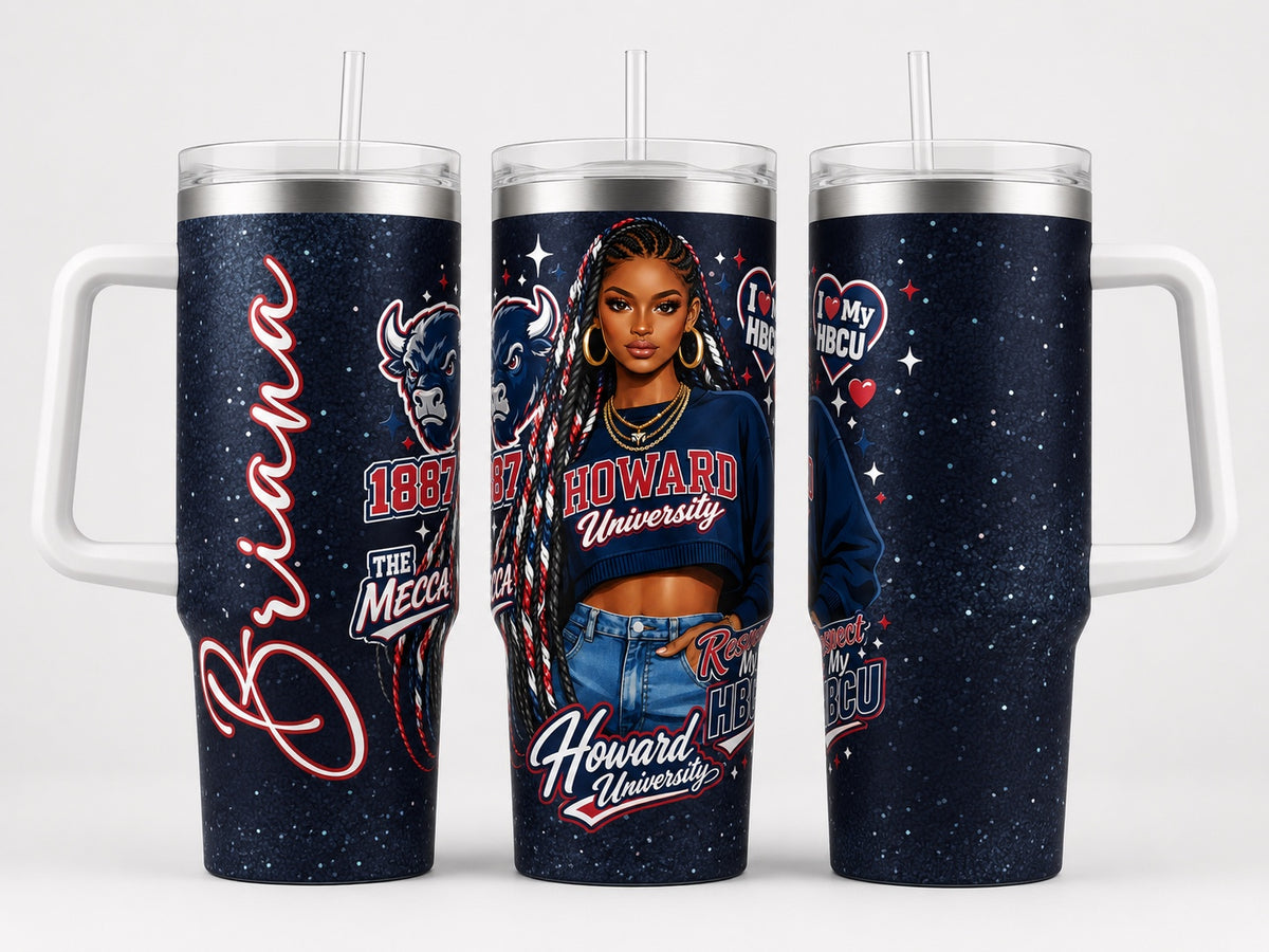 Howard University 40oz tumbler with handle shown from three angles