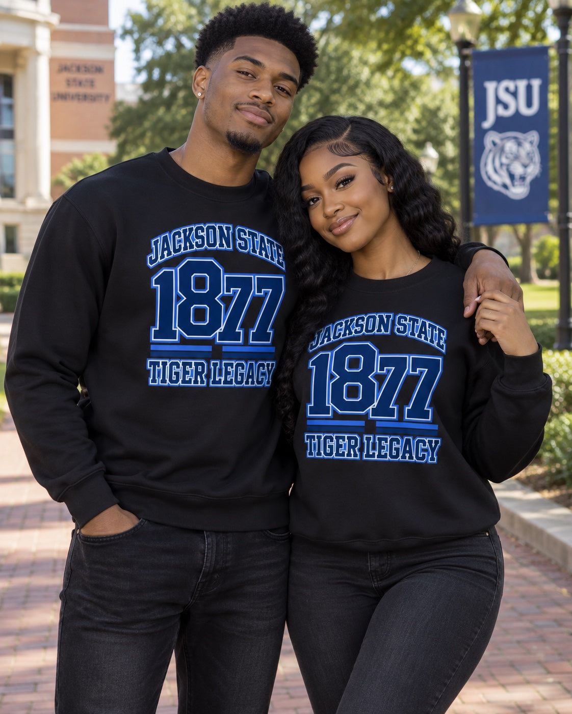 Jackson State 1877 Tiger Legacy crewneck sweatshirt lifestyle mockup with two college students