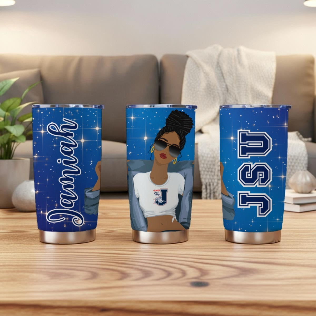 Jackson State personalized 20oz tumbler shown from three angles