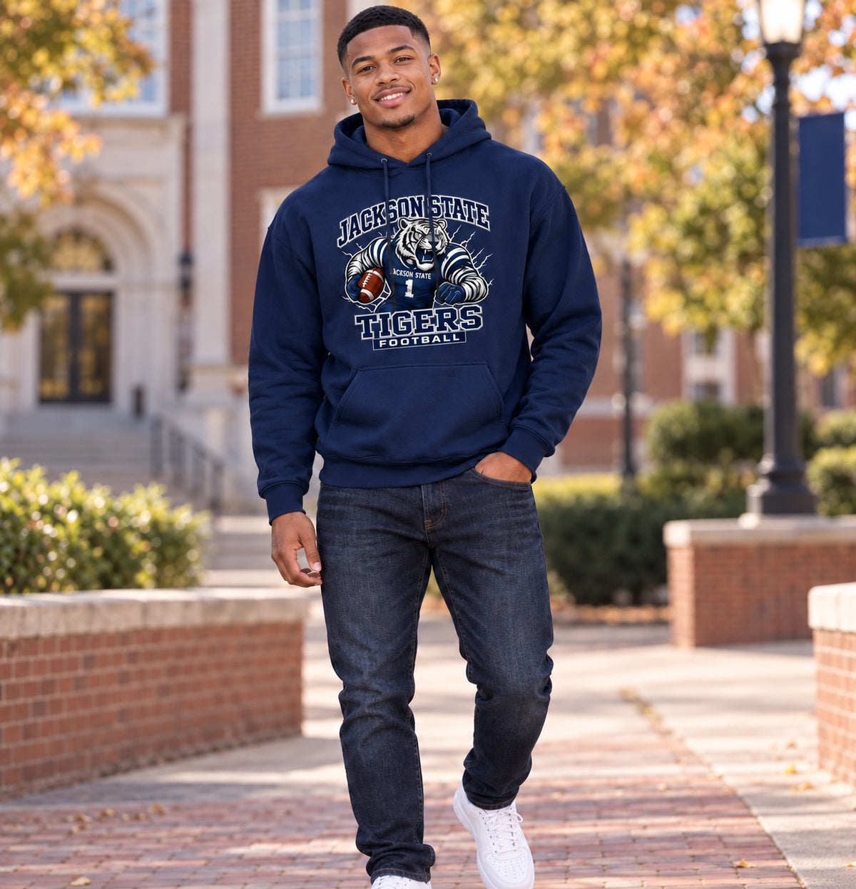Jackson State Tigers football hoodie lifestyle mockup with Black male college student