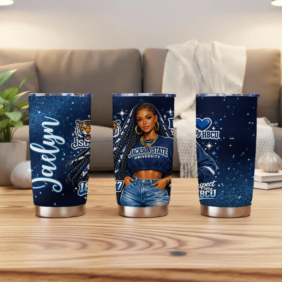 Jackson State personalized 20oz tumbler shown from three angles