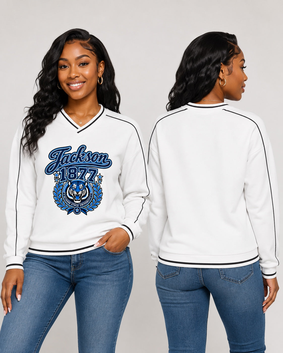 Jackson State University 1877 white V-neck sweatshirt on woman