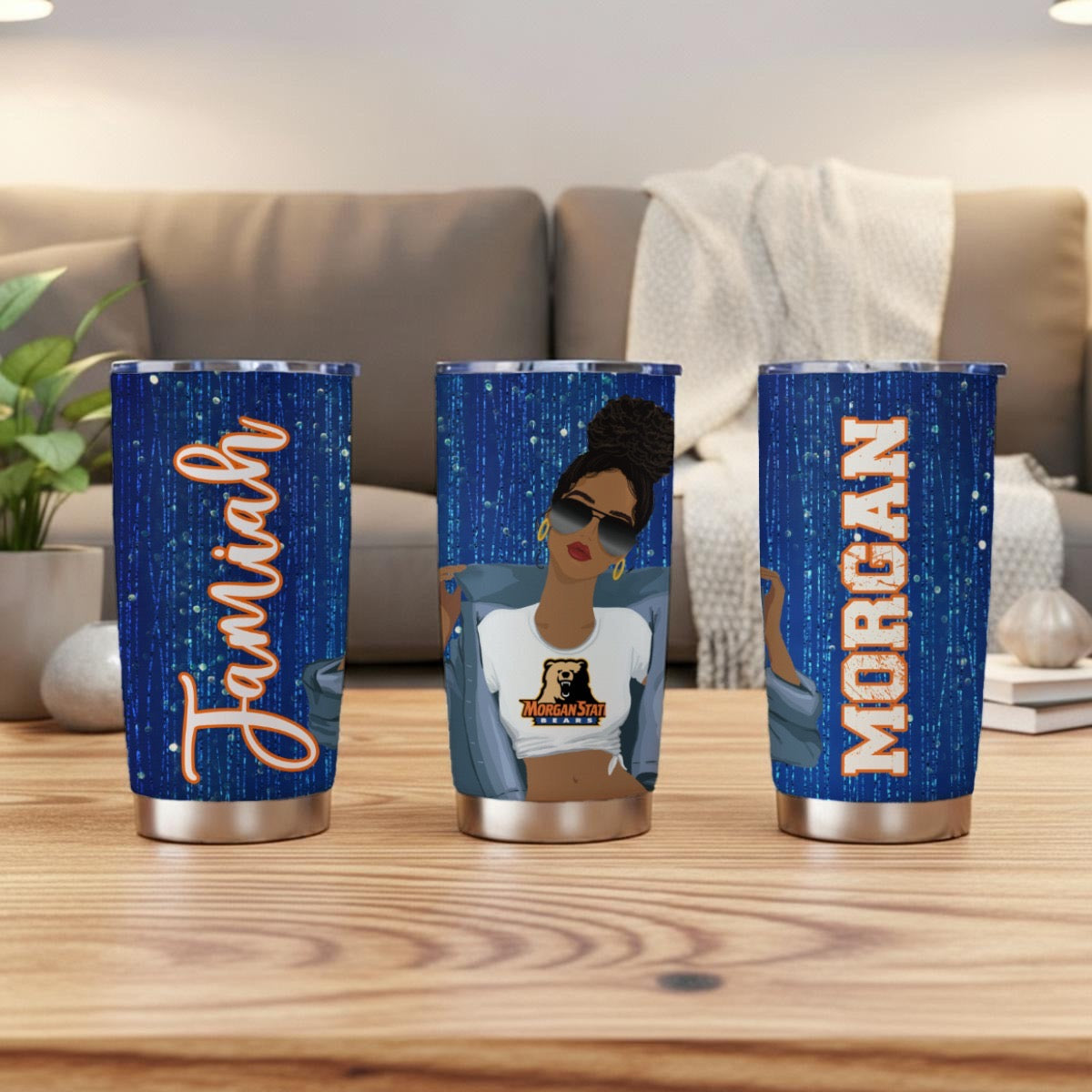 Morgan State personalized 20oz tumbler shown from three angles