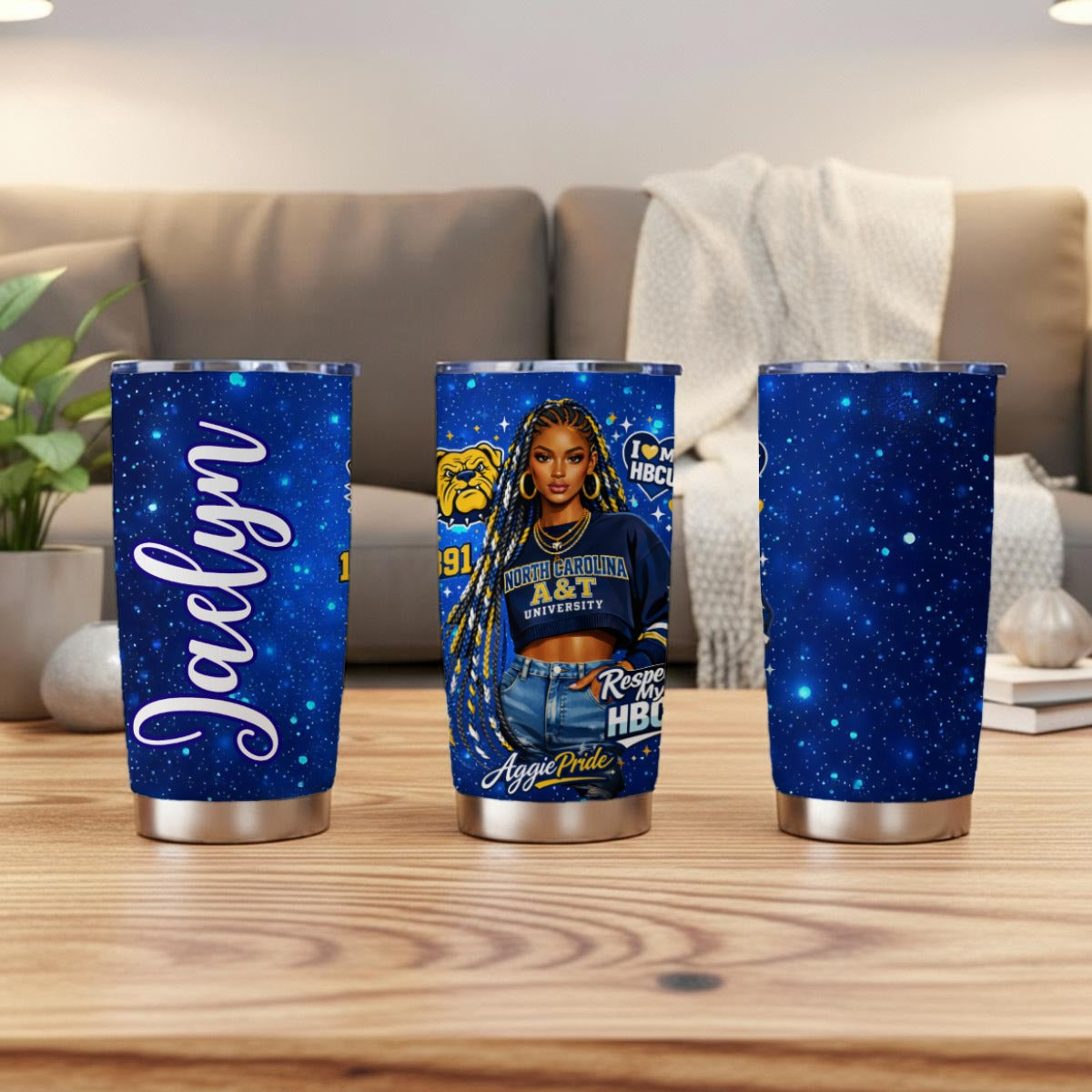 NC A&T personalized 20oz tumbler shown from three angles