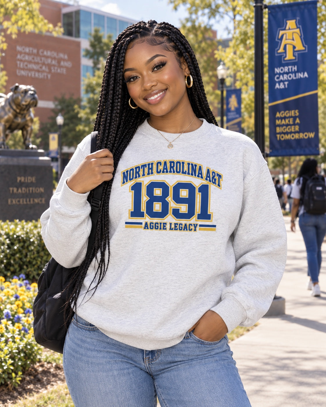 North Carolina A&T 1891 Aggie Legacy crewneck on Black female college student