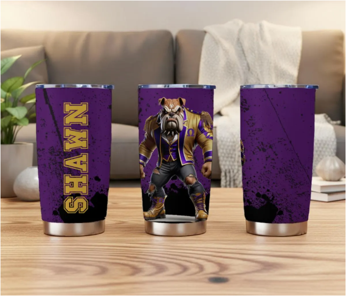 Omega Psi Phi Que personalized 20oz tumbler shown from three angles