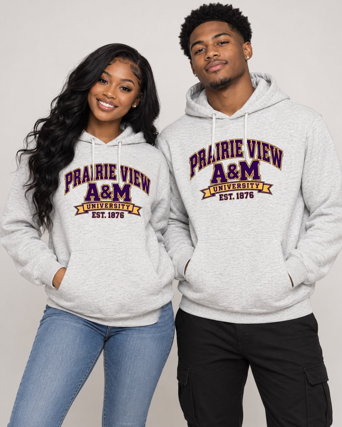 Prairie View A&M University couple wearing gray 1876 hoodies