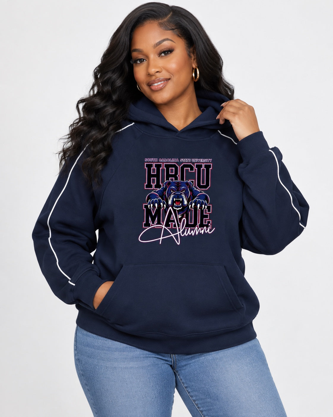 South Carolina State University HBCU Made Alumni hoodie lifestyle mockup with Black woman