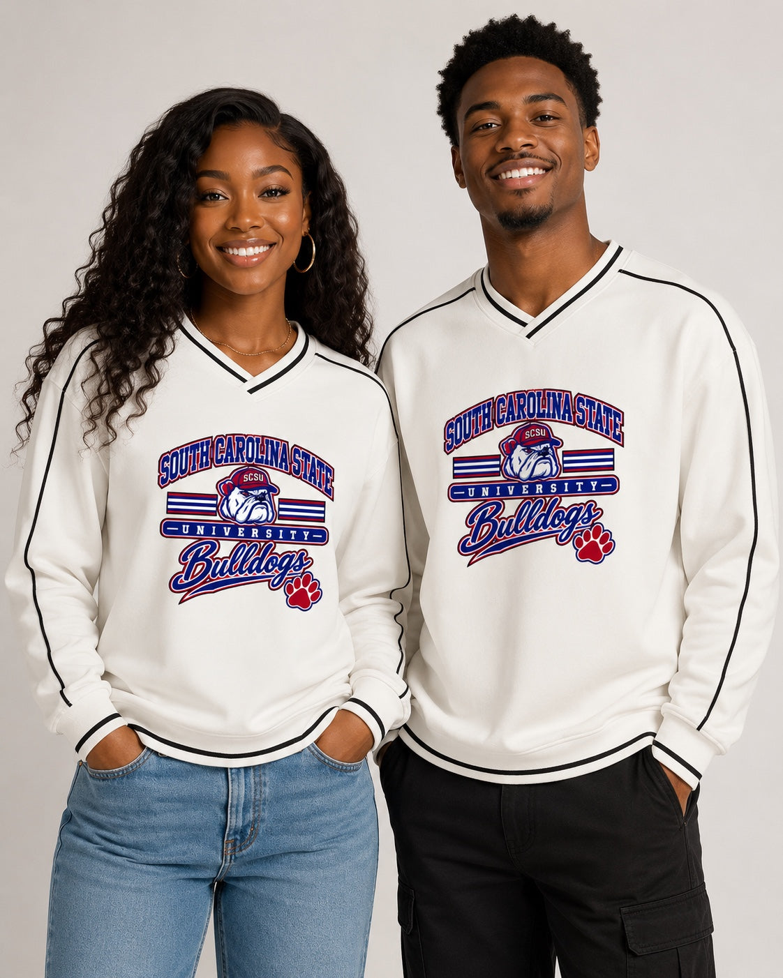 Two models wearing South Carolina State University Bulldogs V-neck sweatshirts