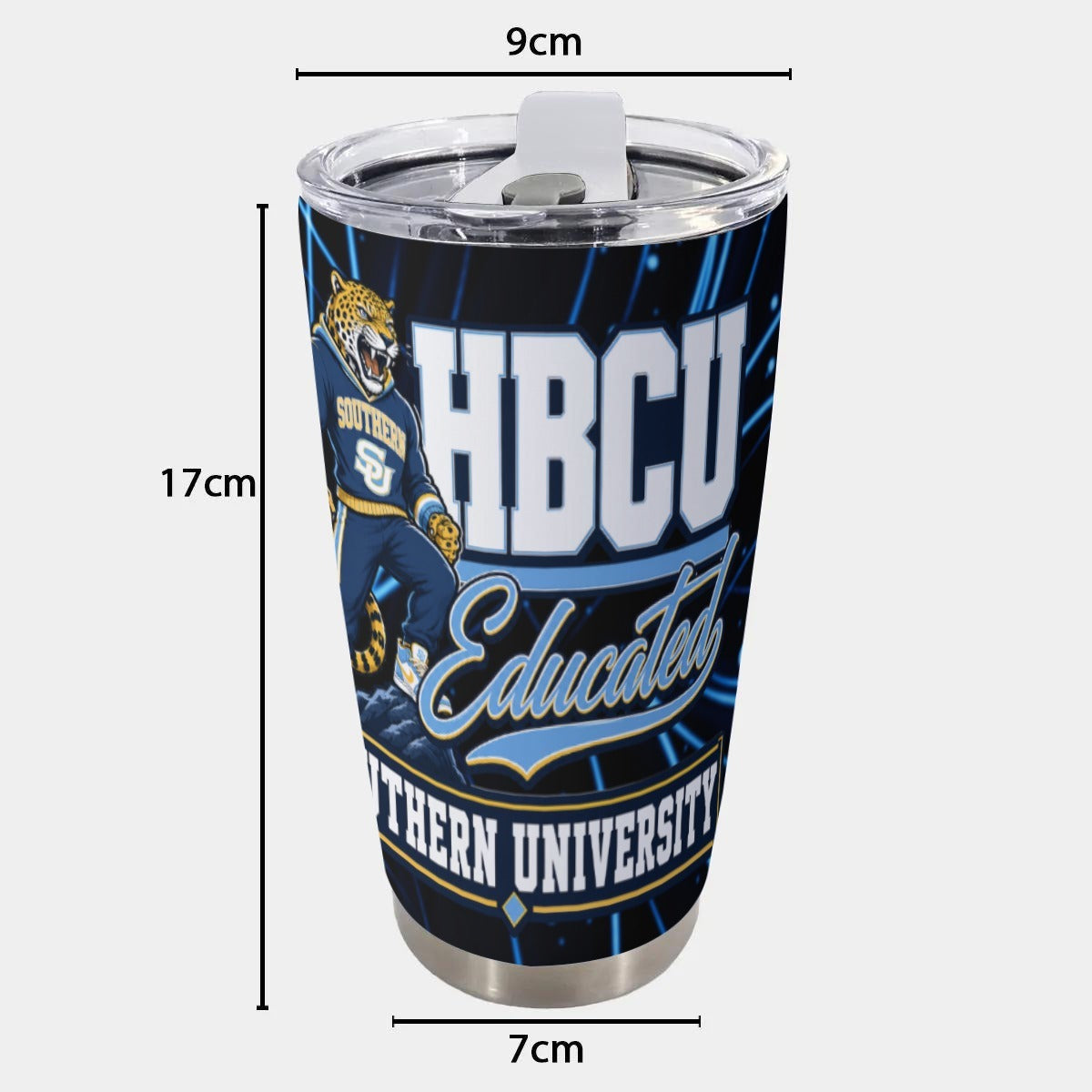 Southern University 20oz tumbler dimensions: 17 cm tall, 9 cm lid, and 7 cm base