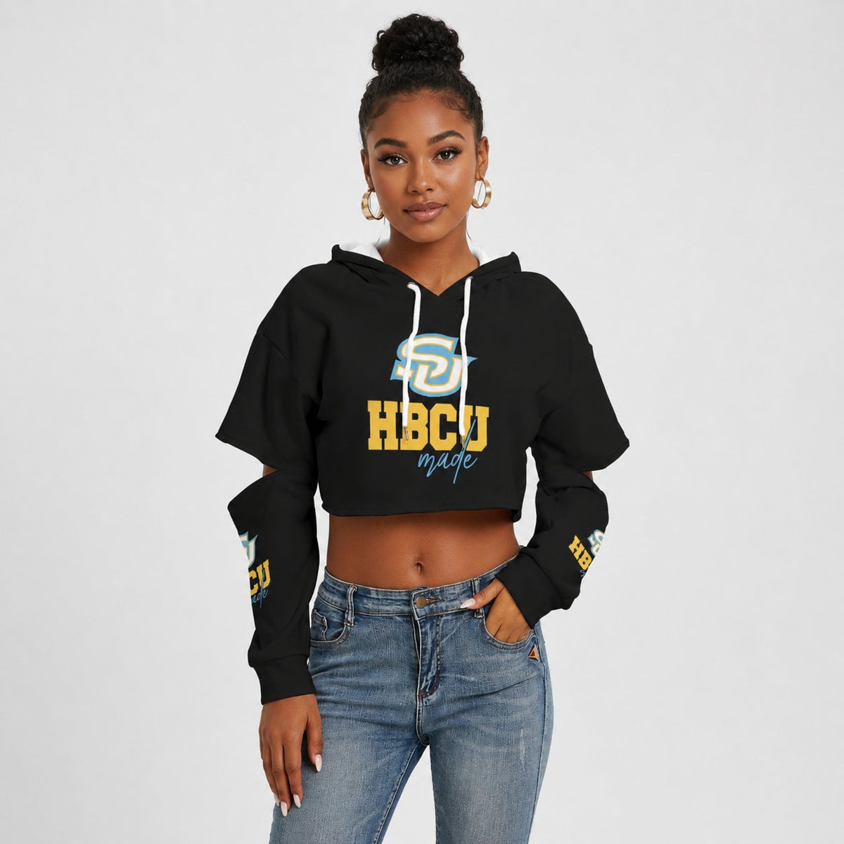Model wearing Southern University HBCU Made black hollow-out cropped hoodie