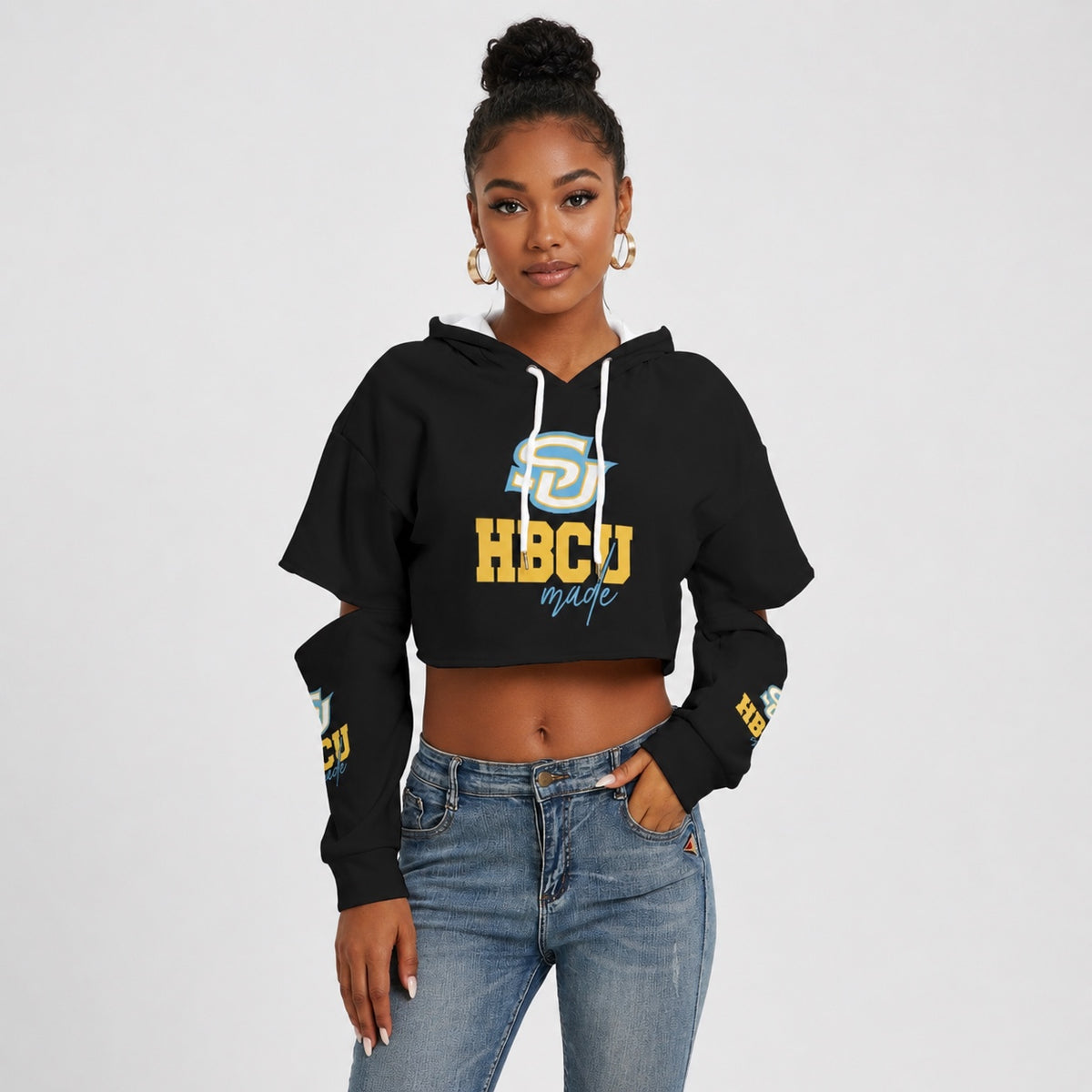 Black model wearing Southern University HBCU Made hollow-sleeve cropped hoodie on a light studio background
