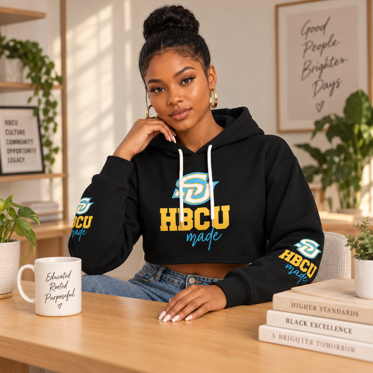 Black model wearing Southern University HBCU Made cropped hoodie in warm lifestyle setting
