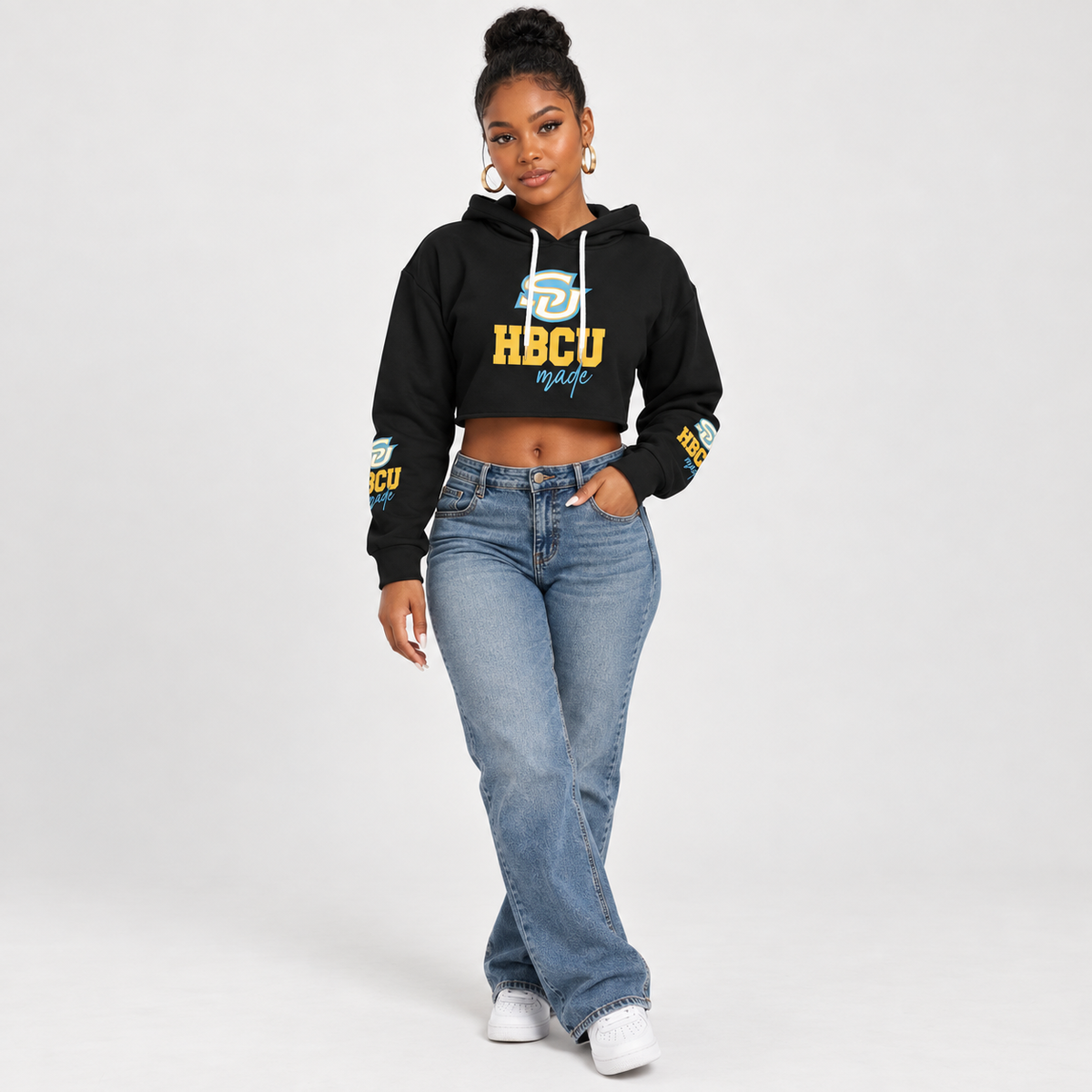 Black model wearing Southern University HBCU Made cropped hoodie in studio
